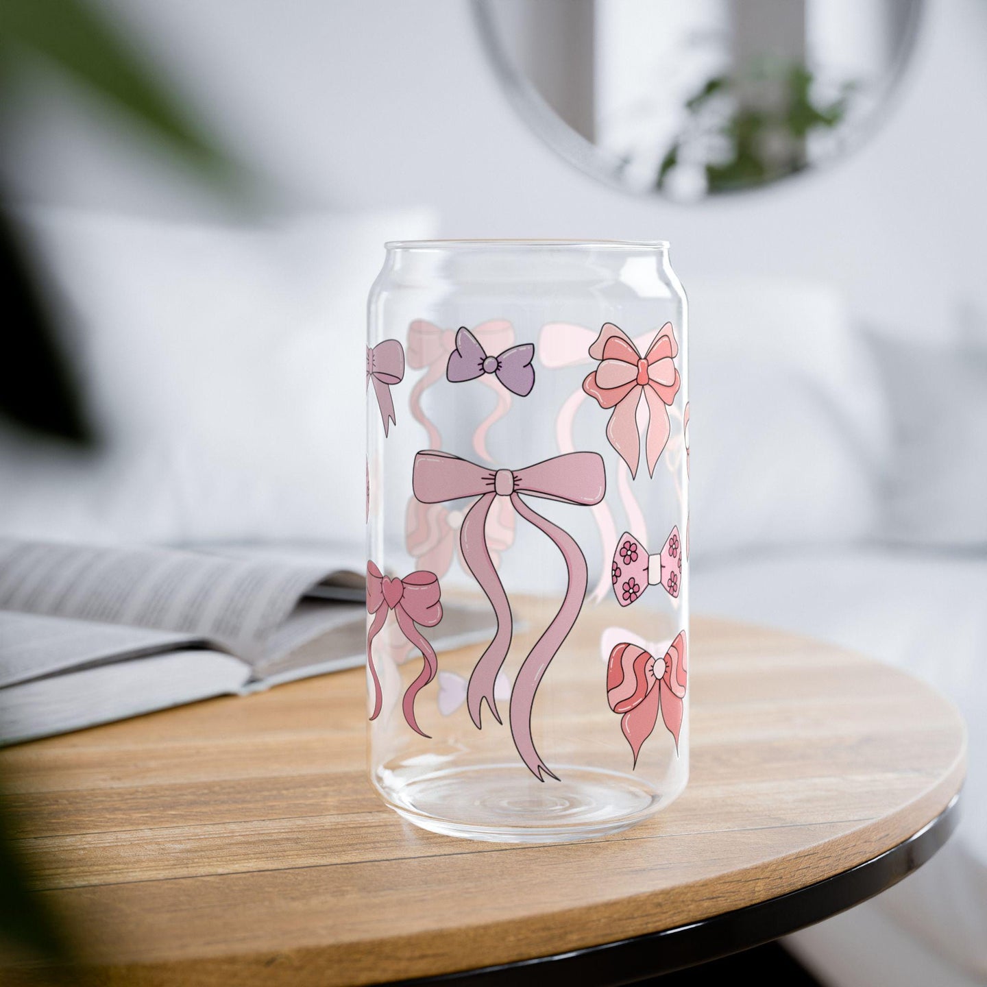 Girly coquette bow glass cup with bamboo lid glass straw, Cute Cup Beer Can Iced Coffee Glass Cup Cute preppy Glass Cup gift for her